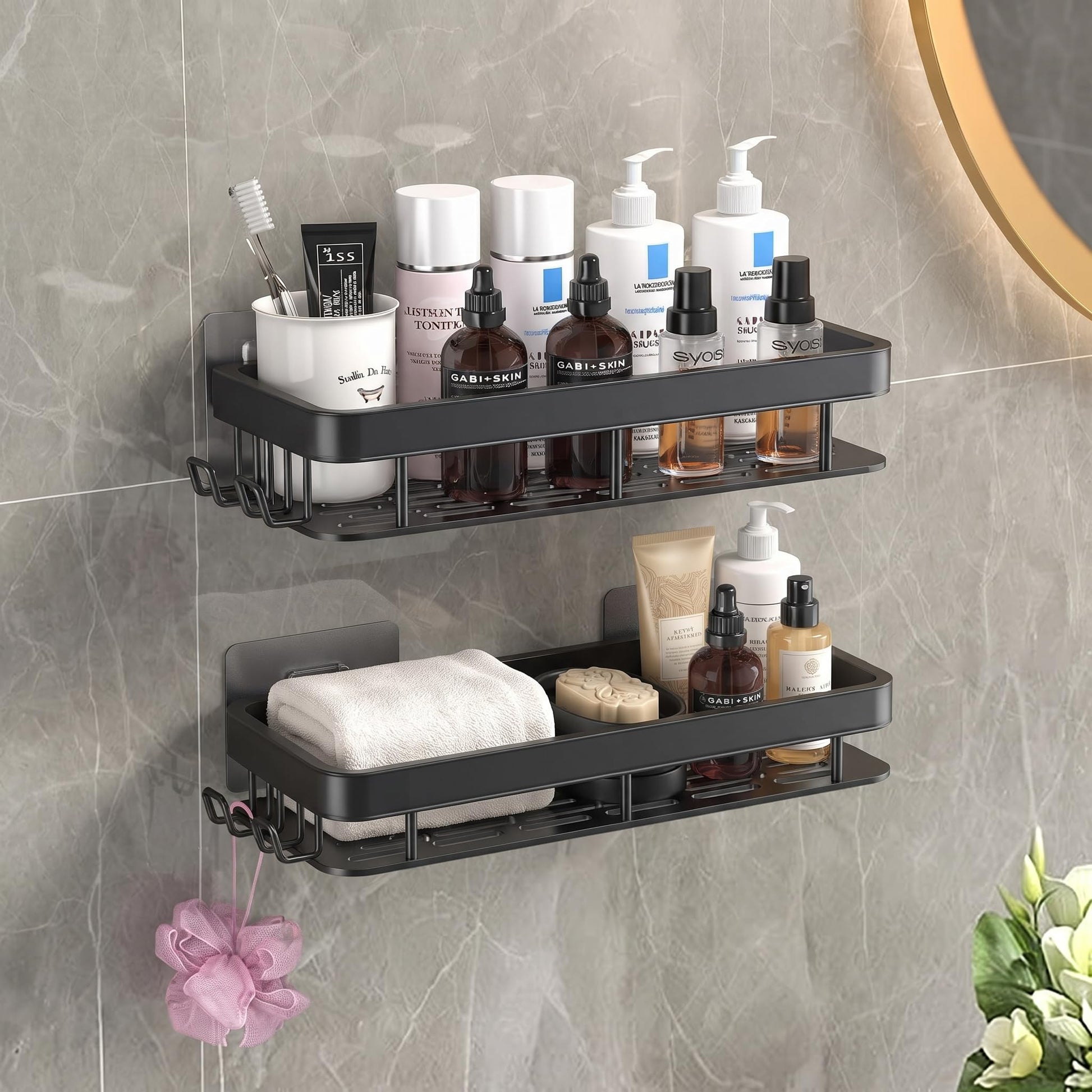 Matte black aluminium wall mounted bathroom shelf set of 2 with side hooks