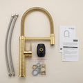 Pull out and spray kitchen taps in gold finish brass, modern kitchen sink pull out faucet installed on countertop