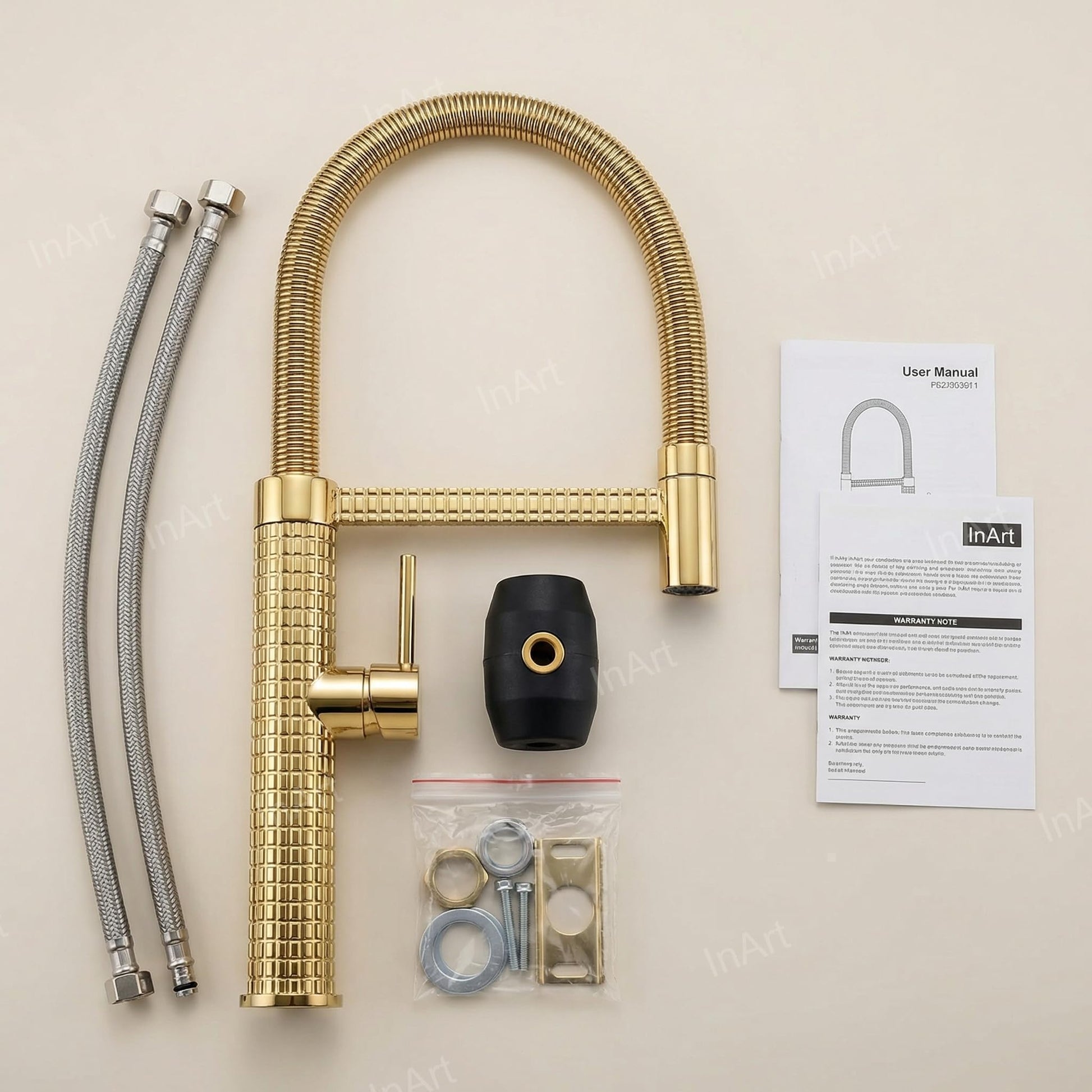 Pull out and spray kitchen taps in gold finish brass, modern kitchen sink pull out faucet installed on countertop