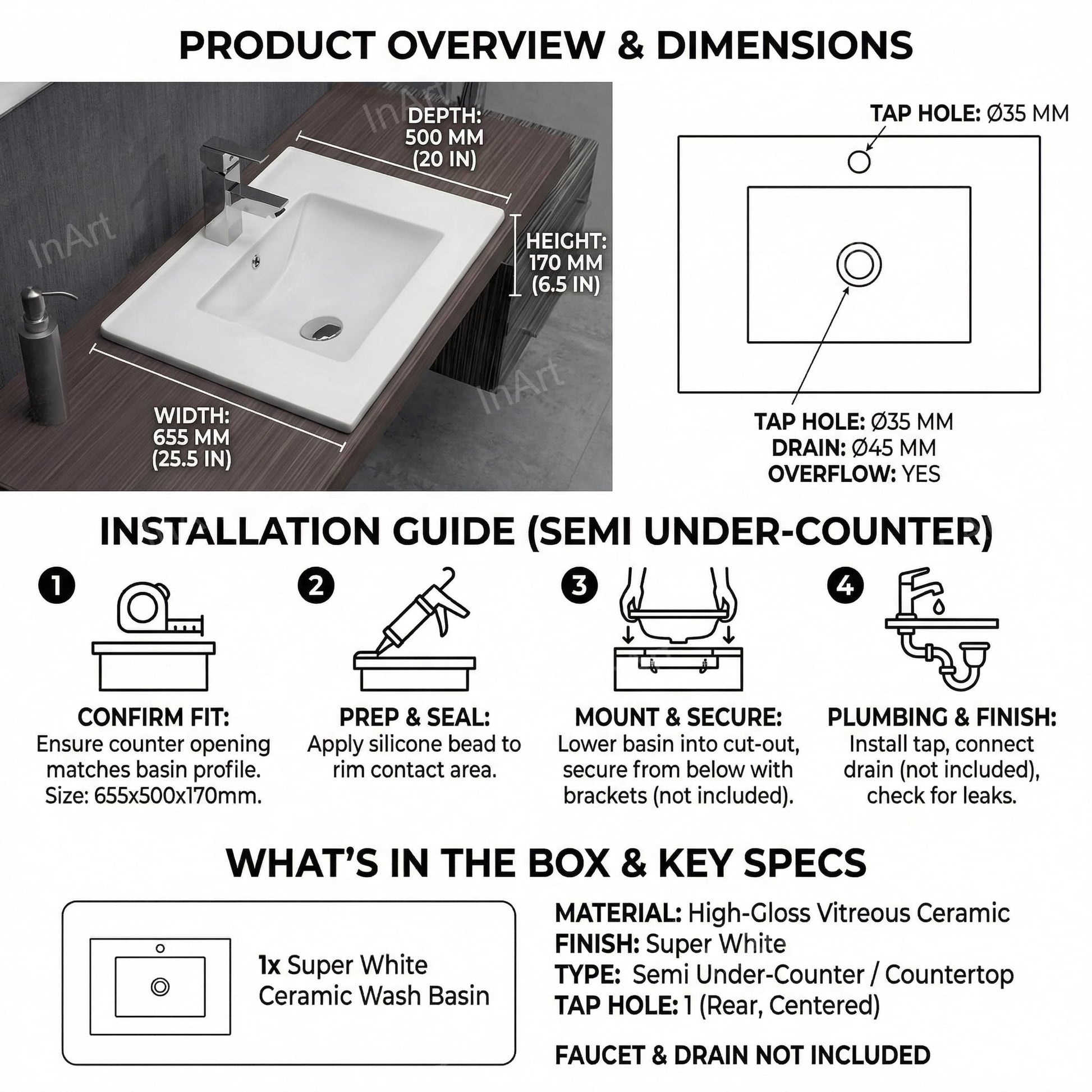 Half counter wash basin in glossy white ceramic, neat countertop cutout fit for Indian washroom, installation view