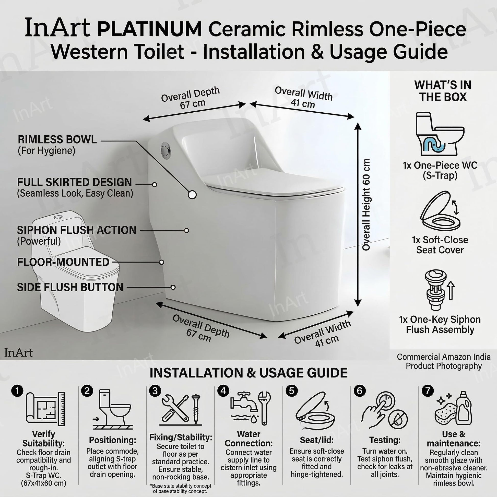 Oval one piece western toilet in glossy white finish, top view highlighting rimless bowl for easy cleaning