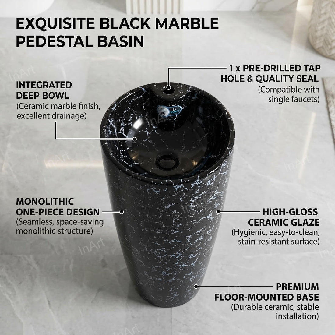 InArt ceramic pedestal wash basin designs in black marble finish, round 38x38 cm, front view