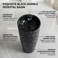 Designer pedestal wash basin black marble, round ceramic free standing basin, 3/4 angle view