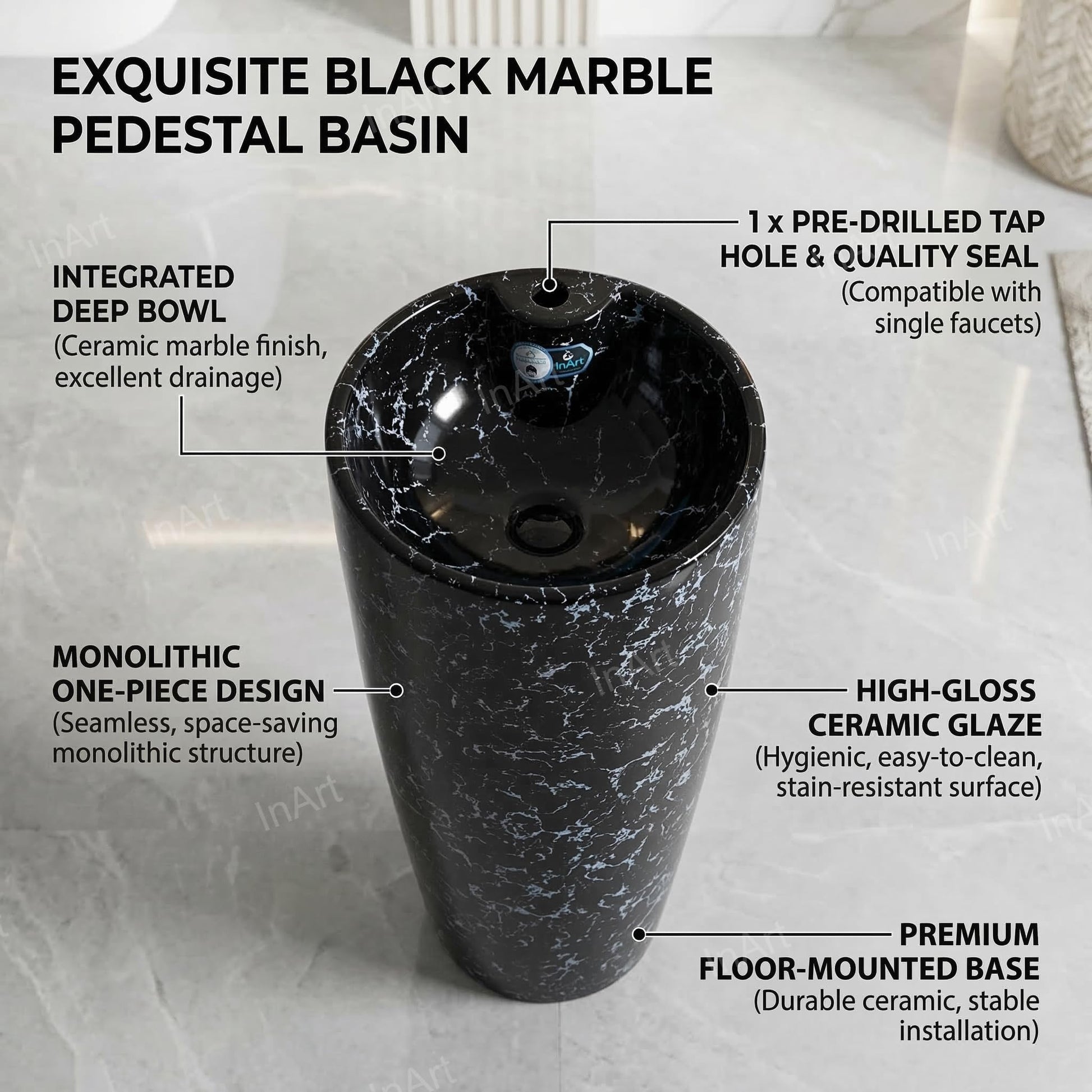 Designer pedestal wash basin black marble, round ceramic free standing basin, 3/4 angle view