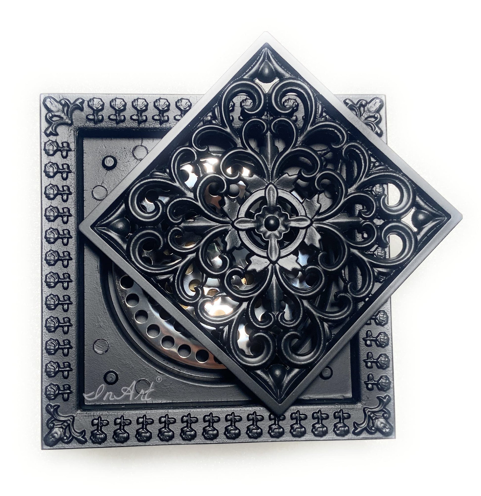 InArt brass floor drain jali with anti-foul trap installed in bathroom floor, premium bronze black finish
