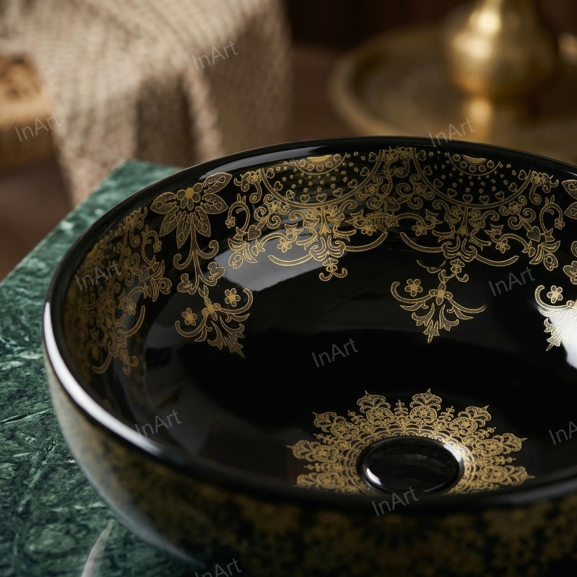 InArt table top wash basin counter design in black, round ceramic basin on vanity top in bathroom