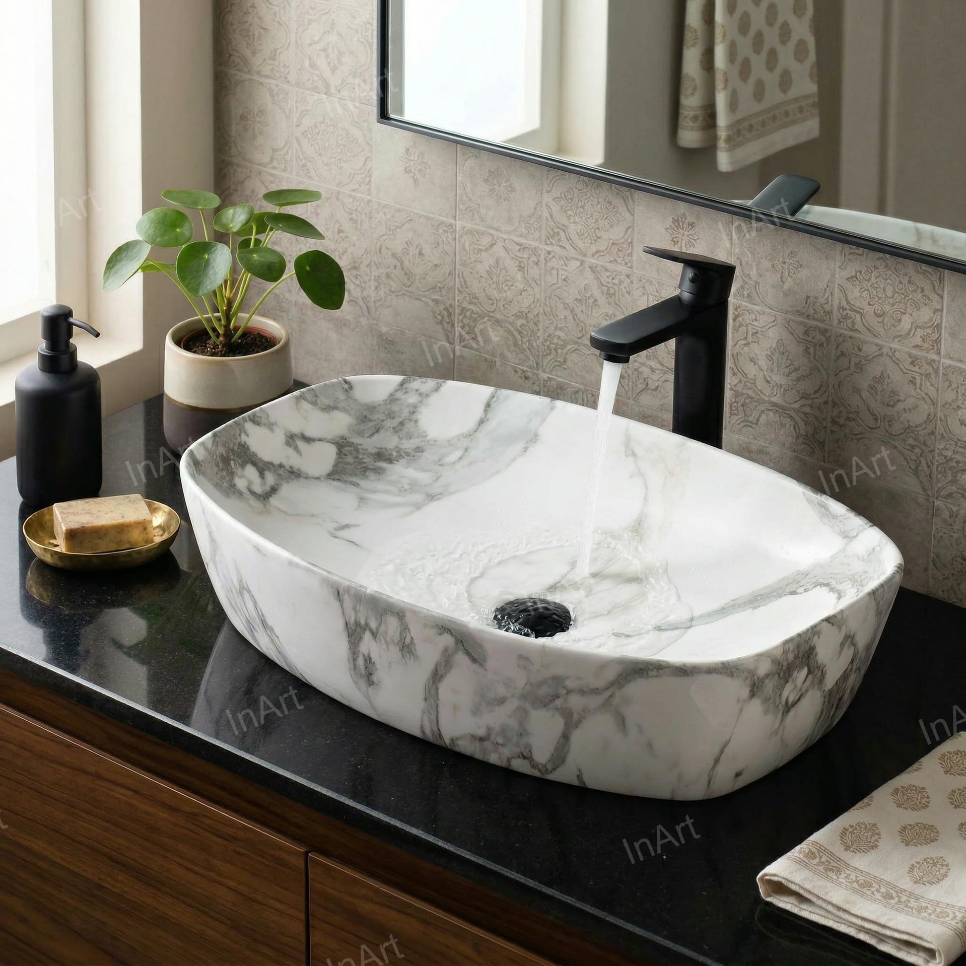 InArt table top wash basin counter design with marble look matt finish, close-up of smooth ceramic surface