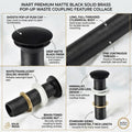 Wash basin pop up waste parts close angle, showing pop up plug and 32mm threaded brass coupling in black