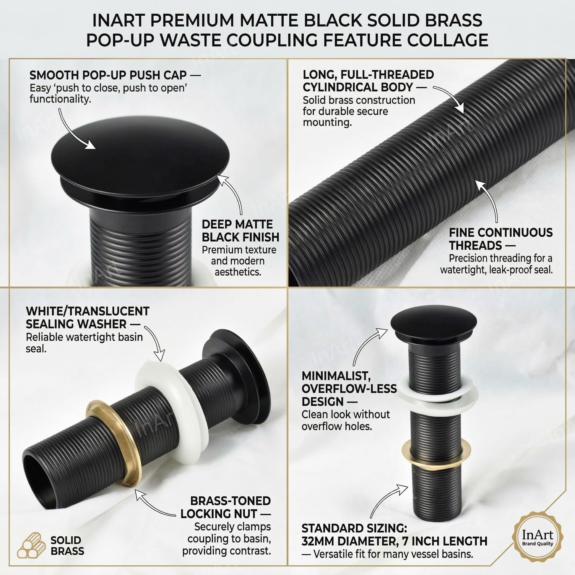 Wash basin pop up waste parts close angle, showing pop up plug and 32mm threaded brass coupling in black