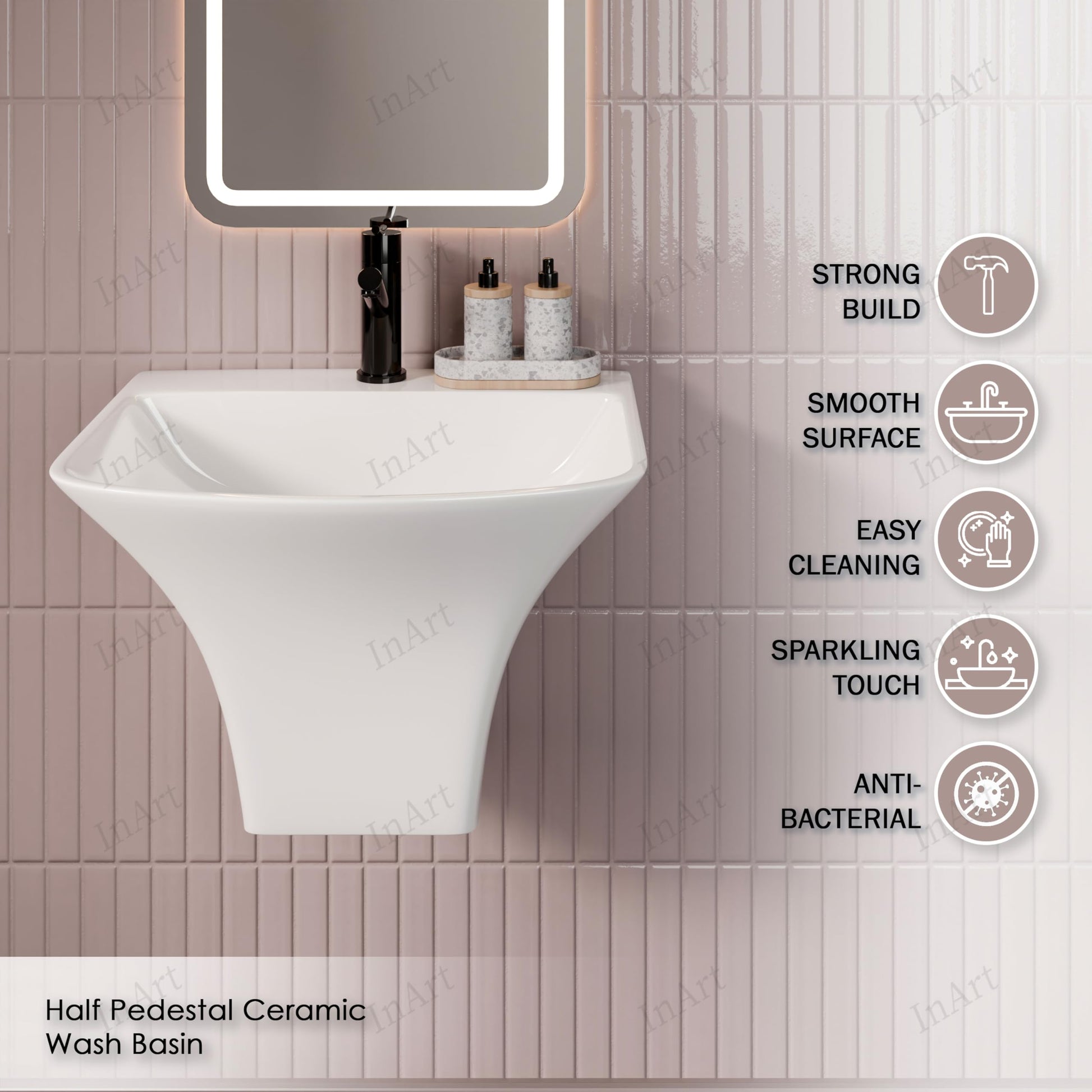 Close-up of InArt premium ceramic wash basin slim rim and polished finish, wall hanging bathroom basin detail
