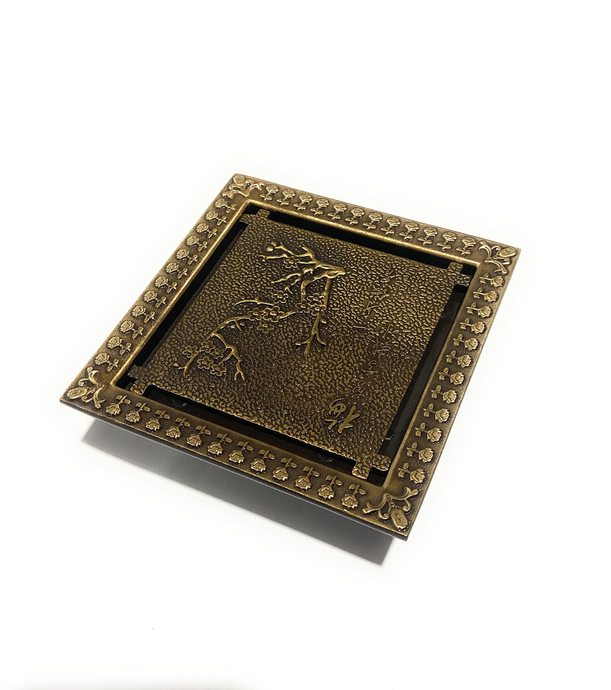InArt antique brass square floor drain jali with cockroach trap, angled view for bathroom and kitchen