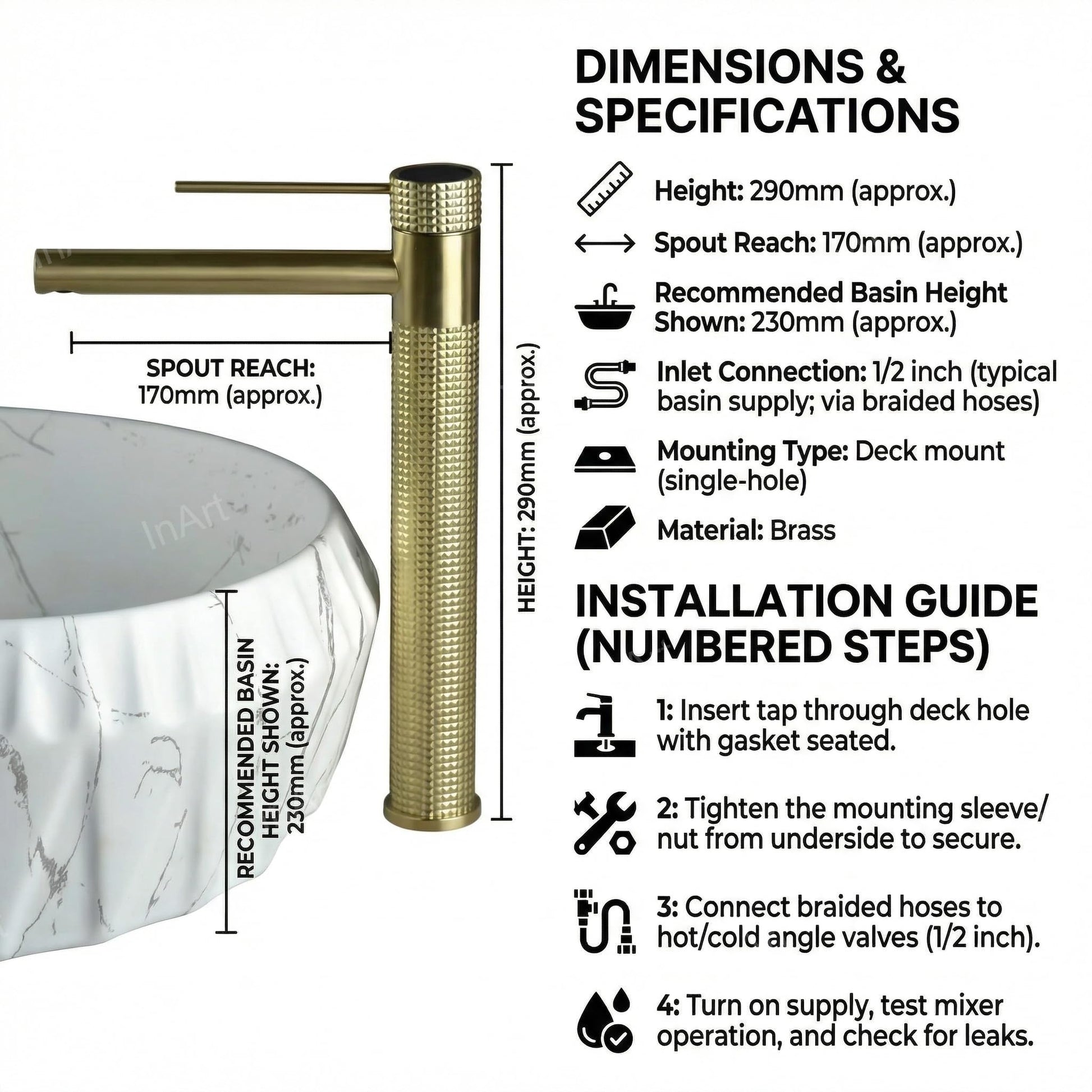 InArt single lever basin tap deck mount, top view of brushed gold finish and single hole installation