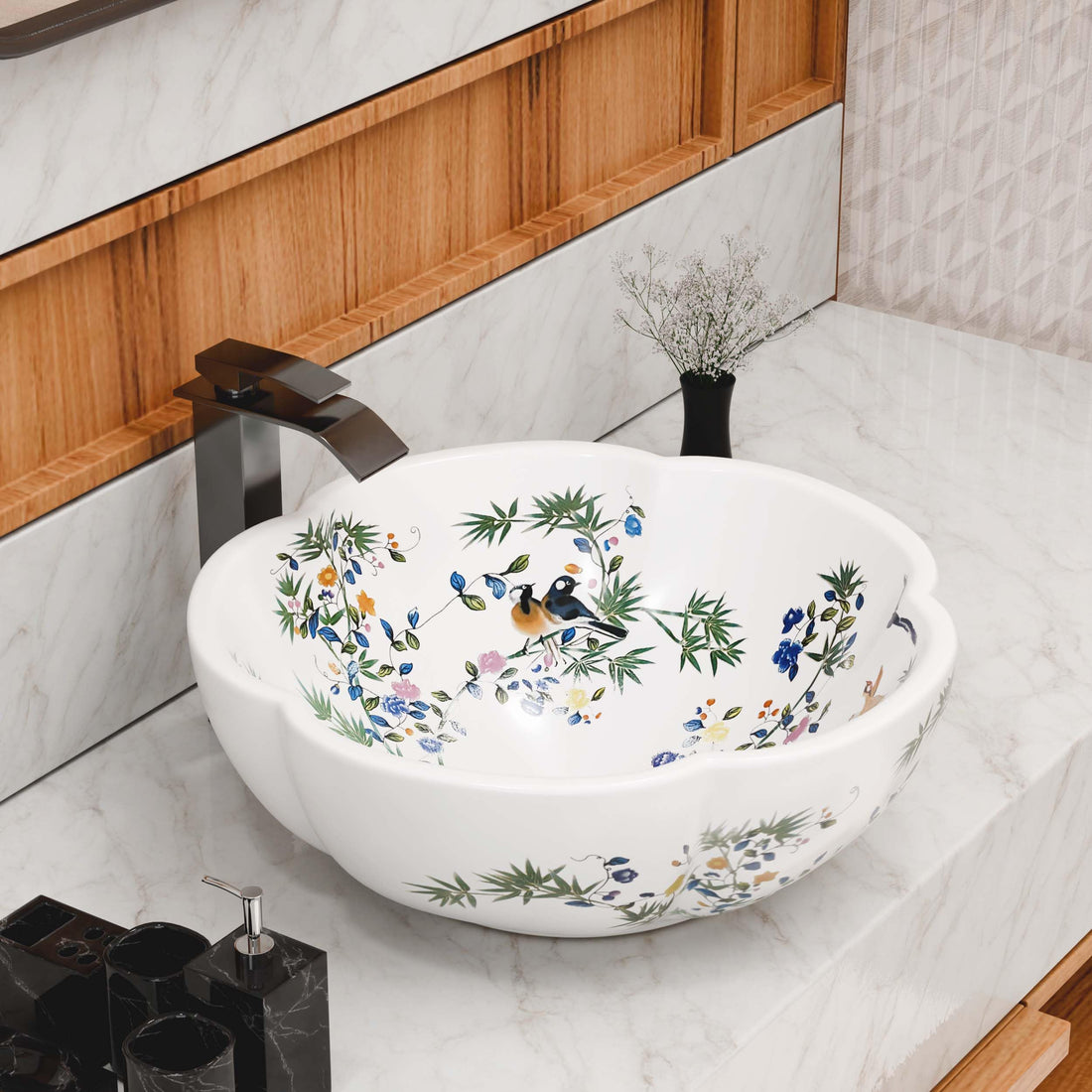 InArt cera table top wash basin, round ceramic countertop basin in glossy white with floral design
