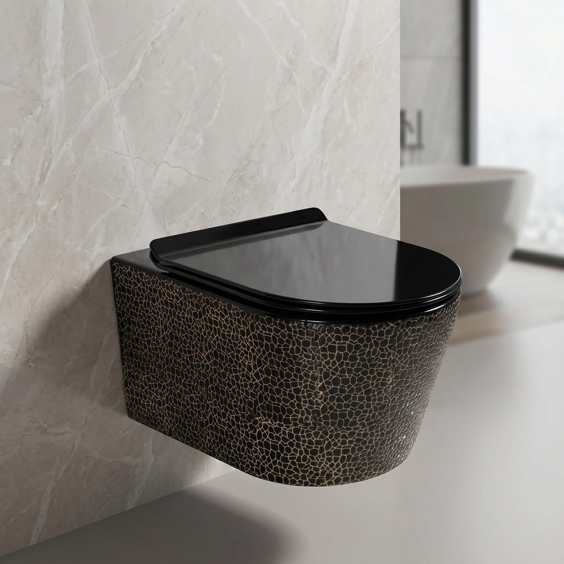 Rimless oval ceramic wall hung western toilet commode in Ember Black Gold finish