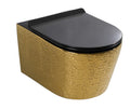 InArt wall hung WC with P trap outlet from wall, rimfree oval ceramic commode in black gold, 3/4 view