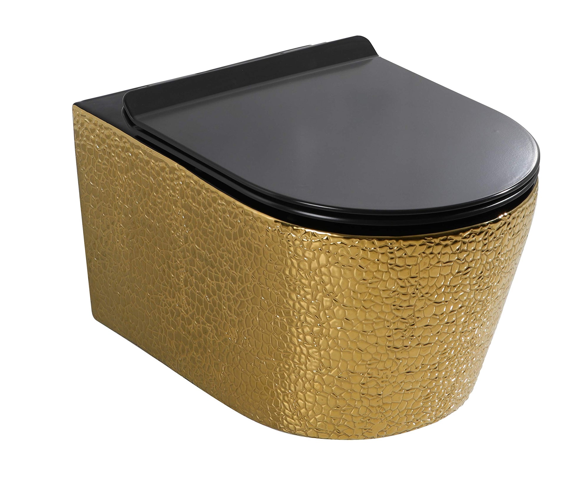 Close-up of InArt slow motion soft close toilet seat cover on rimless black gold wall mounted commode for modern bathroom