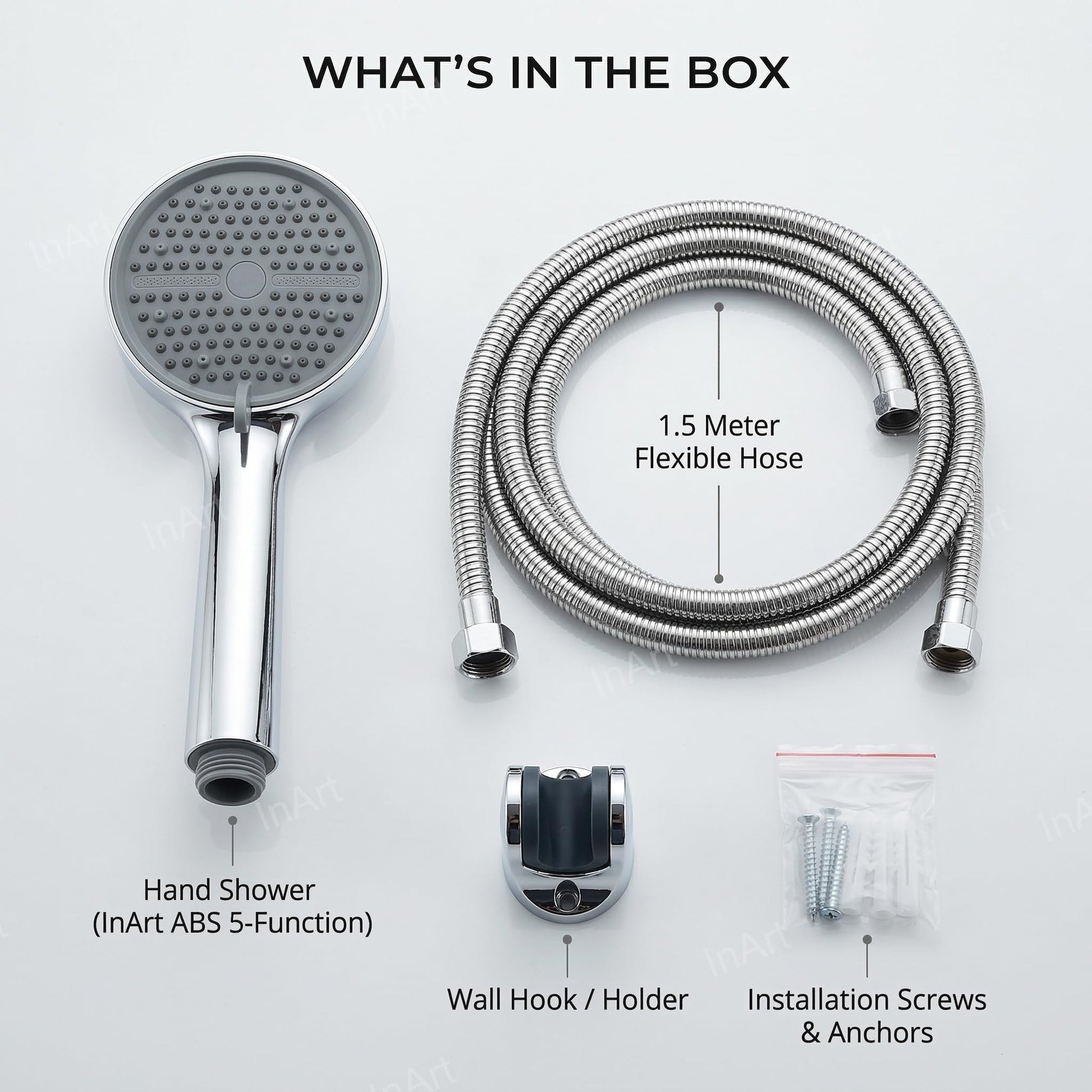 InArt hand shower in bathroom setup, chrome ABS round handset with hose and wall hook for easy bathing
