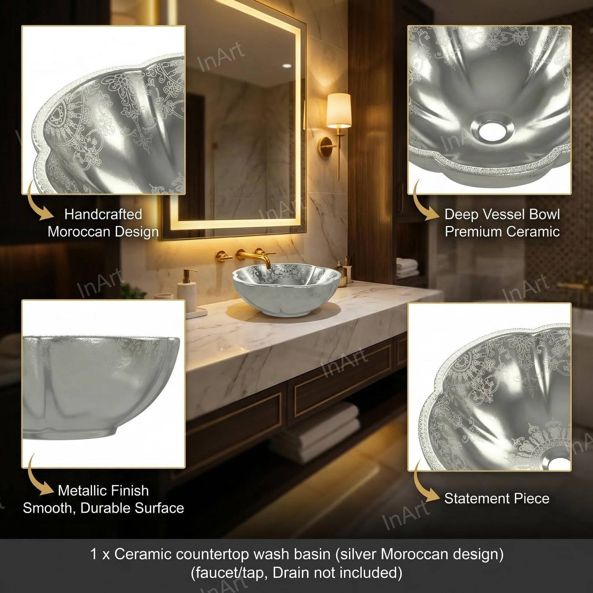 Modern contemporary bathroom sinks look with silver round table top wash basin, top angle view