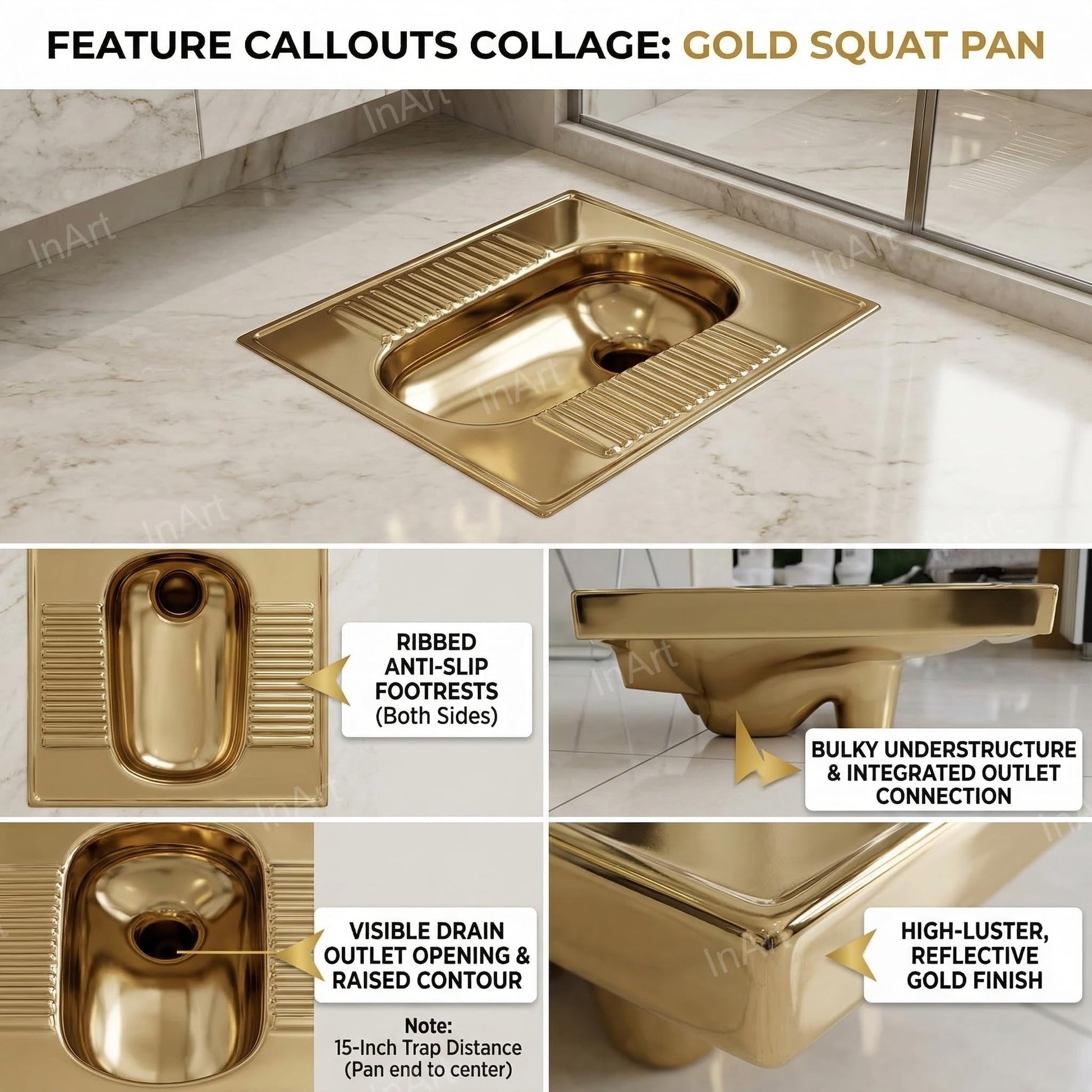 Anti-slip ribbed footrest zones on both sides of squat toilet pan