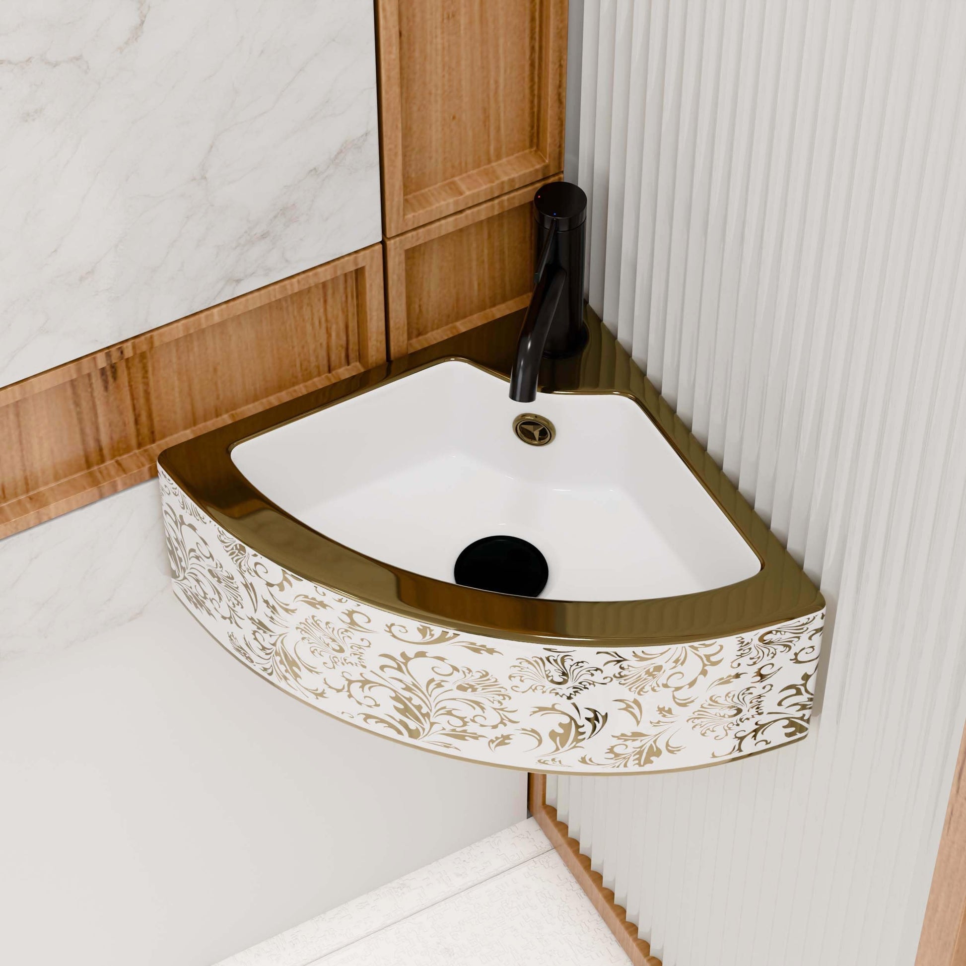 washbasindesign InArt ceramic rectangular table top wash basin in gold finish, main front view