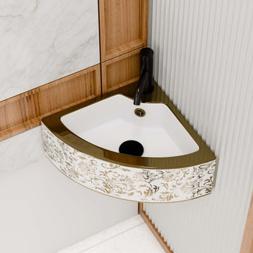 washbasindesign InArt ceramic rectangular table top wash basin in gold finish, main front view