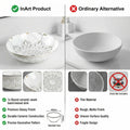 Small round table top wash basin for bathroom, glossy white ceramic with gold edge, tap hole detail view