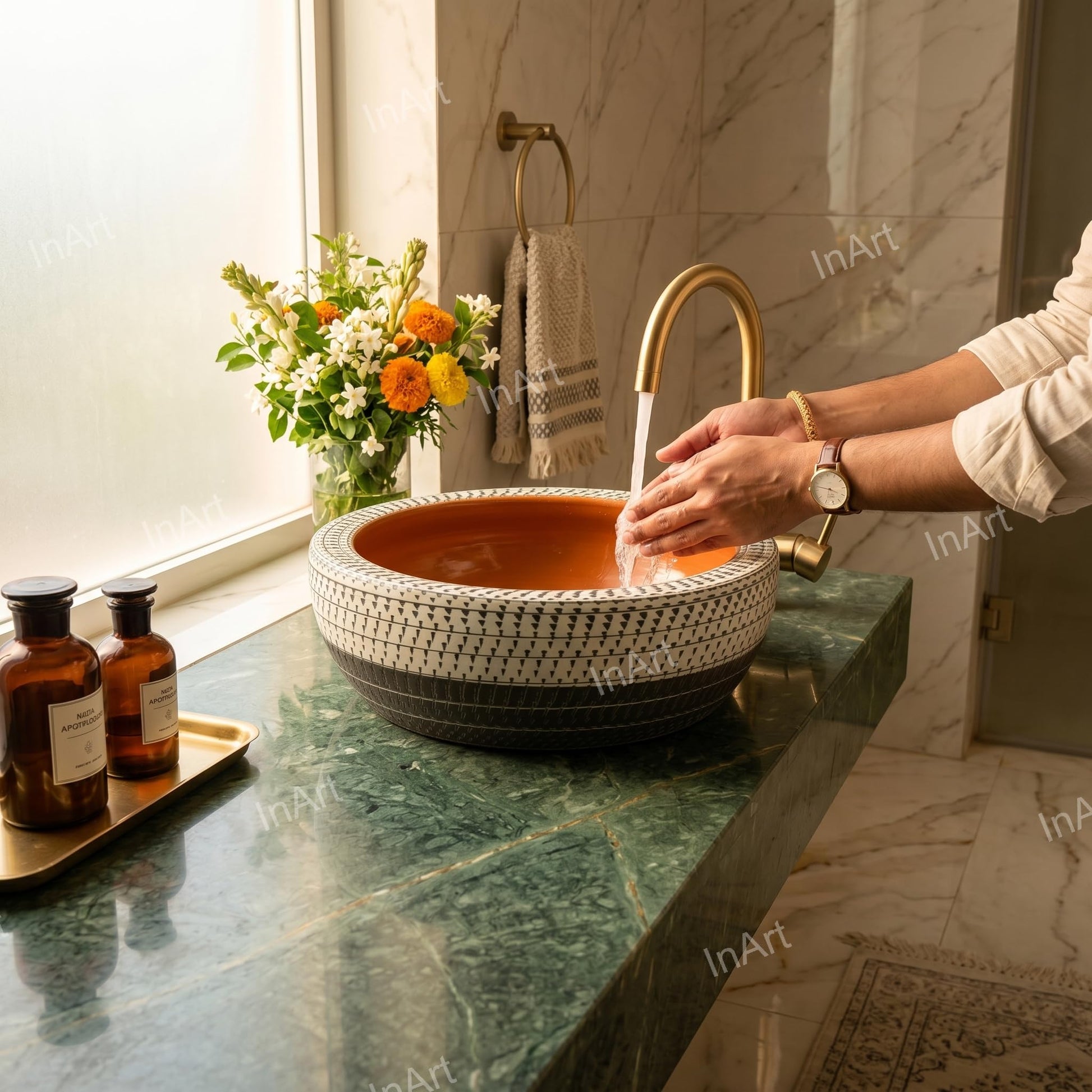 InArt matte finish wash basin close-up, smooth brown ceramic rim and round bowl detail