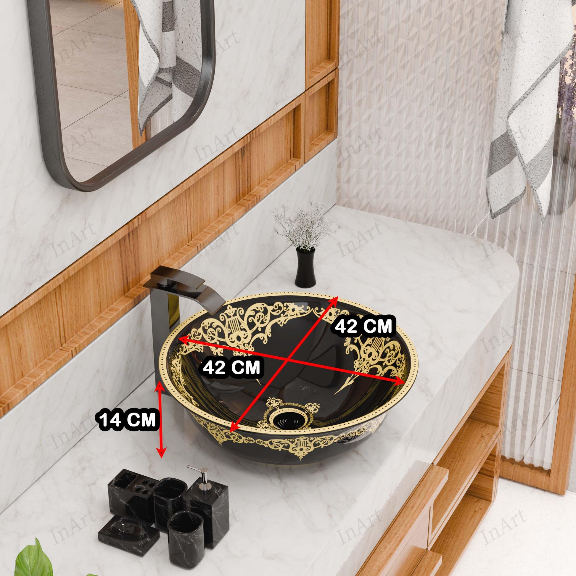 InArt designer ceramic wash basin, black gold round table top basin shown at angled view