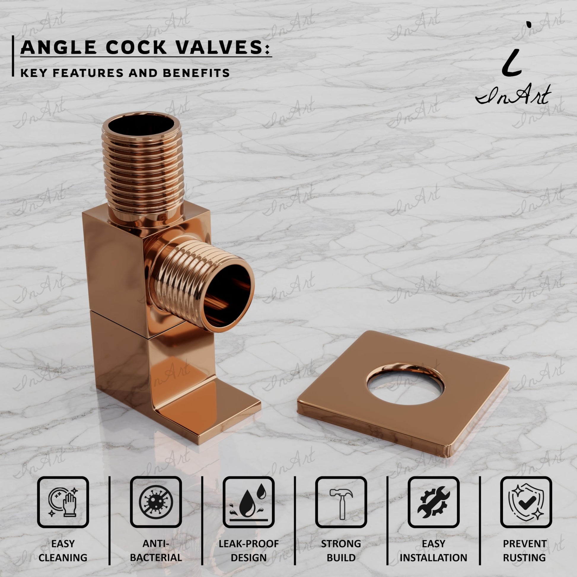 Rose gold angle cock valve for bathroom, brass quarter turn ceramic disc, front view with wall flange