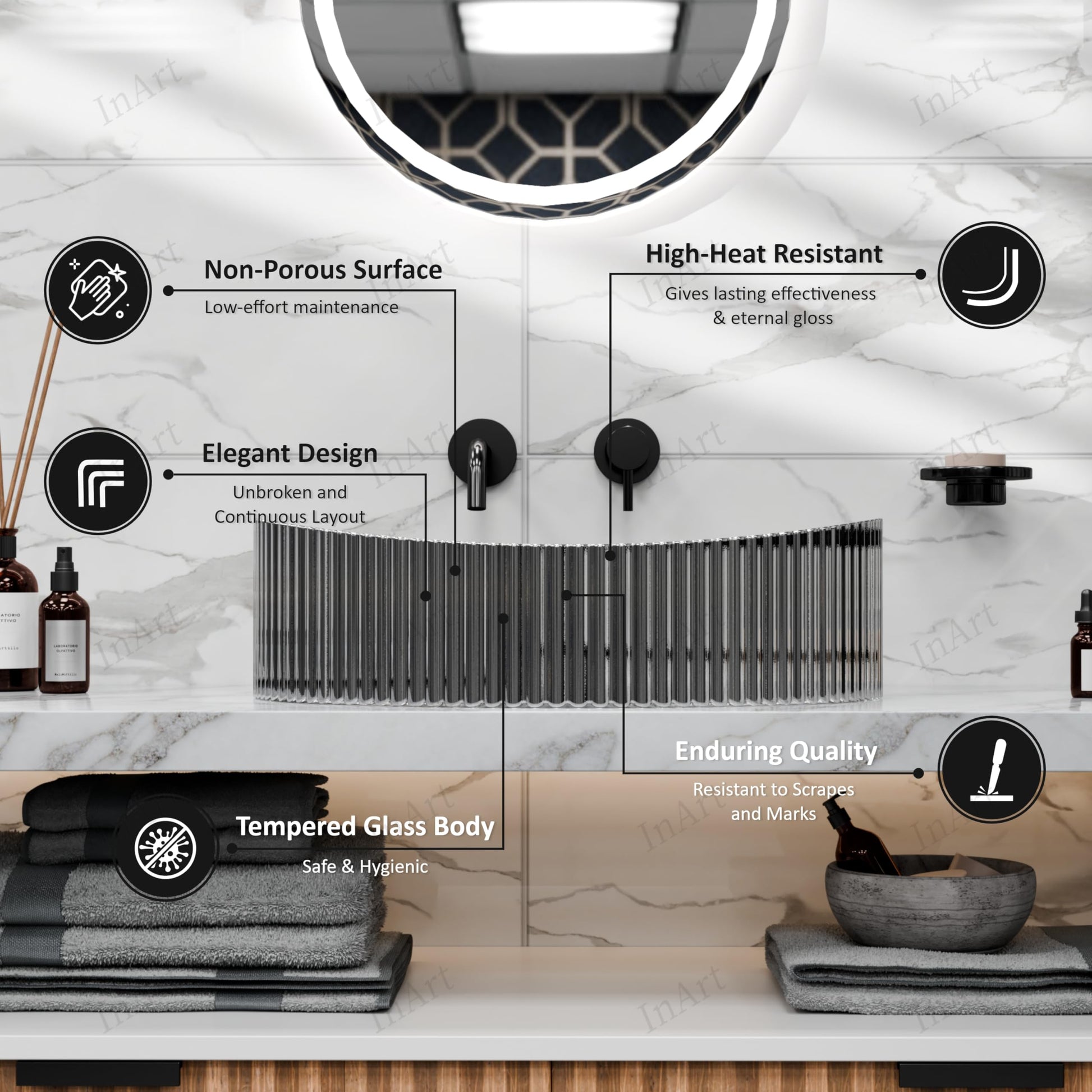 Modern glass wash basin with glossy finish, oval shape