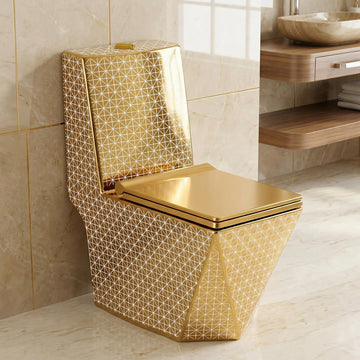 InArt ceramic one piece western toilet in gold finish, elongated oval floor mounted water closet front view