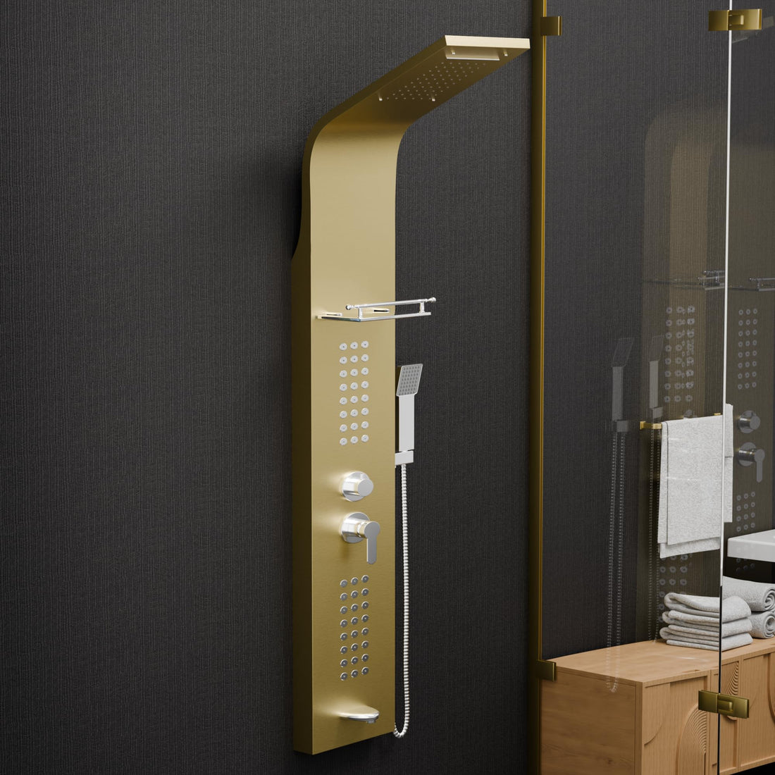 InArt black shower tower in 304 stainless steel, rectangular wall-mount 5 in 1 shower panel, front view