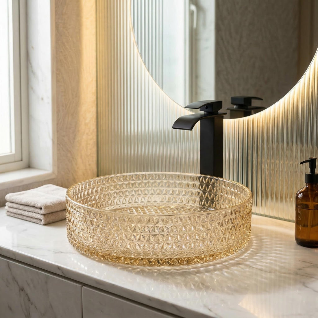 Round polished gold glass table top wash basin on vanity counter, 395x395x120 mm