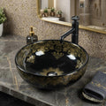 Close-up of glossy black ceramic round table top basin design showing smooth rim and finish
