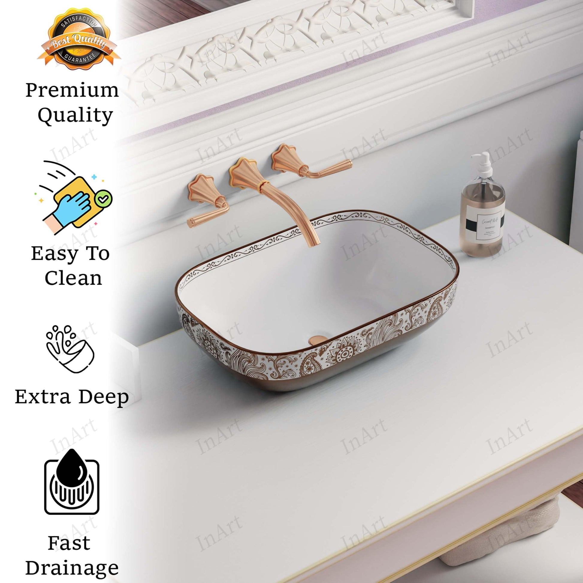 Premium sanitaryware ceramic wash basin designs, rose gold rectangular table top basin close-up of finish