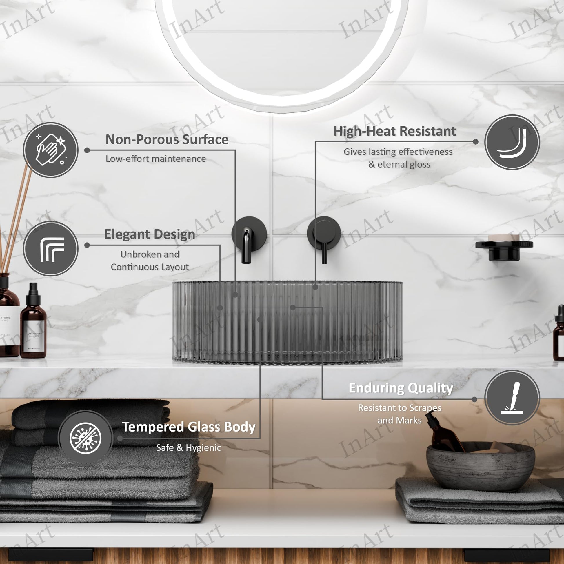 InArt glass wash basin with cabinet, glass mirror for wash basin setup