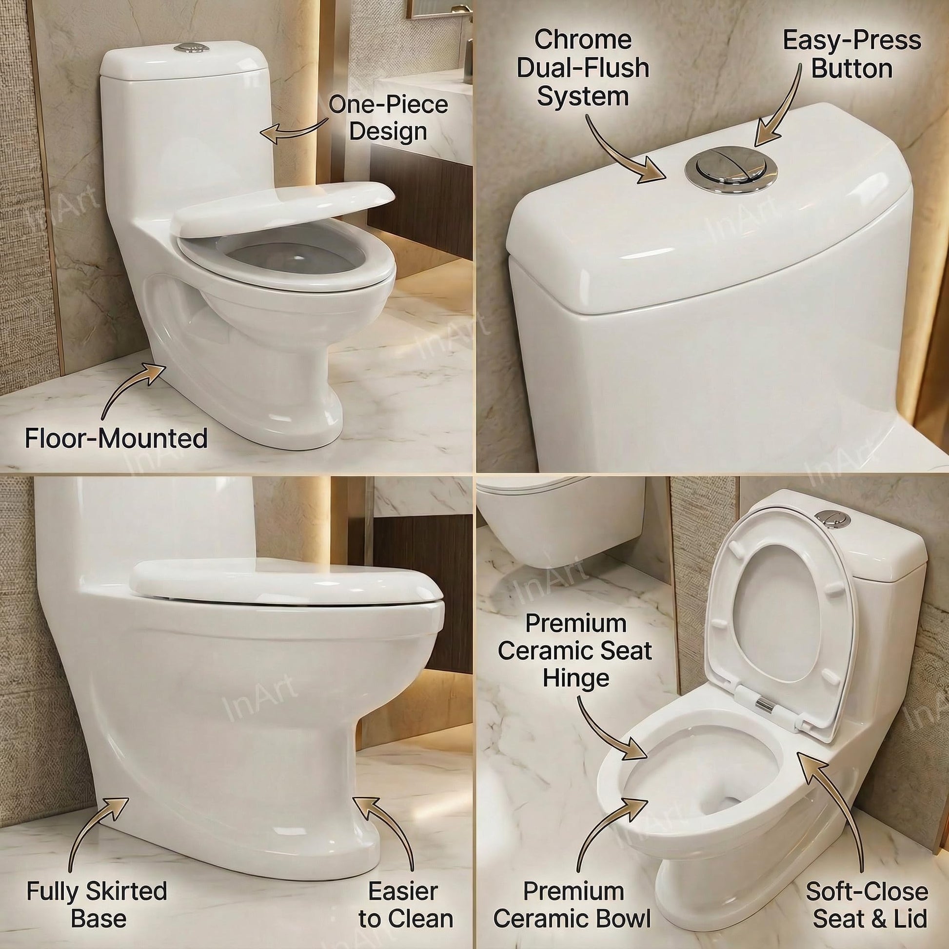 Commode single piece oval ceramic floor mounted western commode, rear angle showing compact one piece design