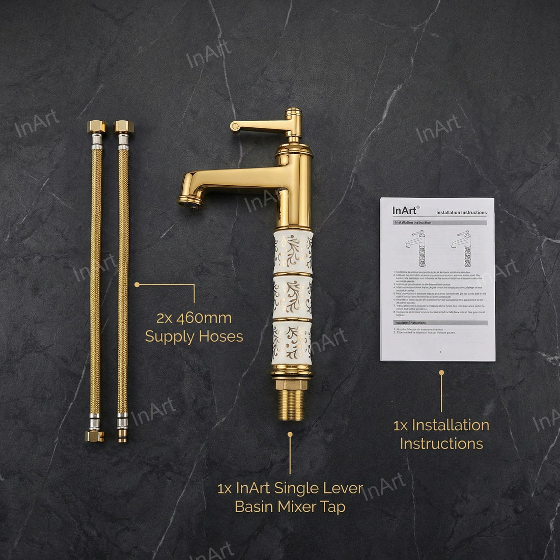 InArt brass single lever basin mixer tap in golden finish for bathroom wash basin, front view