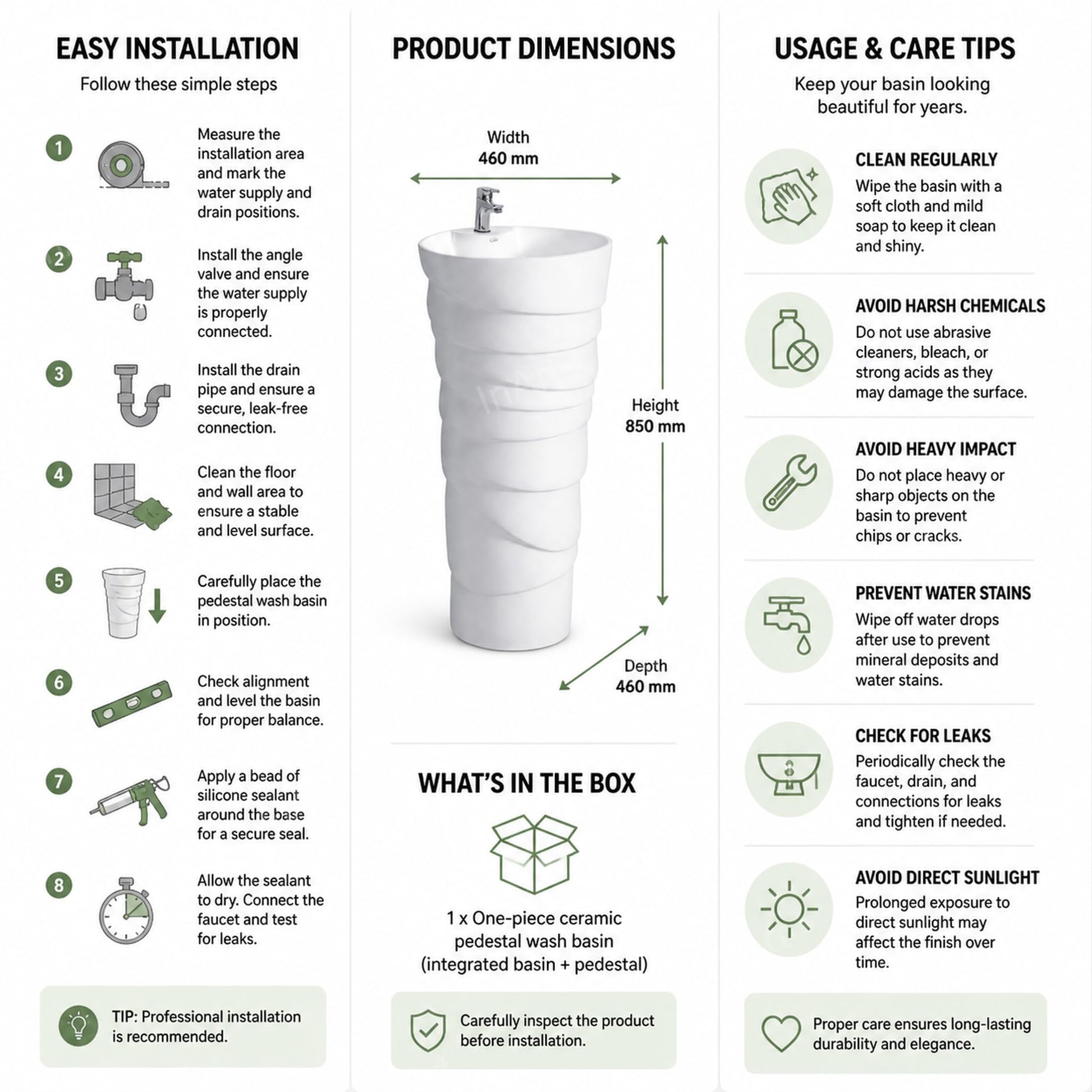 One piece pedestal wash basin in white ceramic for living room wash area, round basin with pedestal