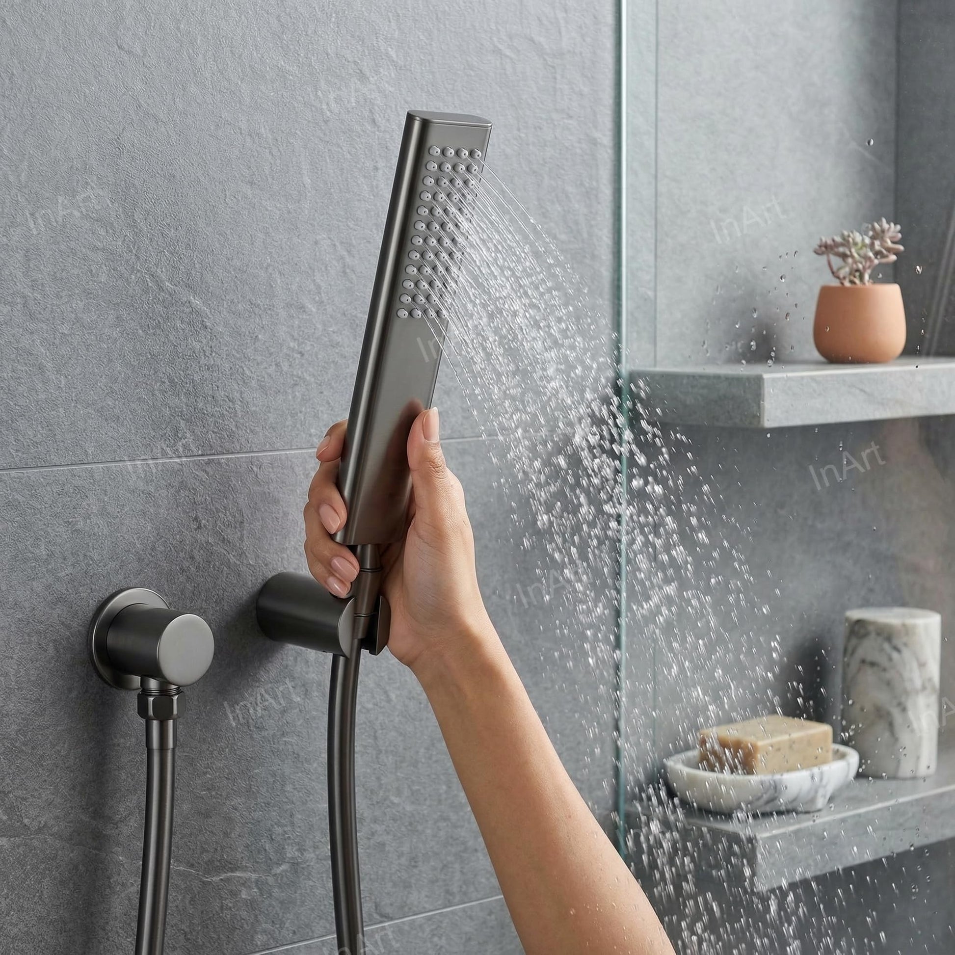 Handheld shower head for bathroom fitting India, high pressure rain flow gunmetal hand shower with easy-clean nozzles