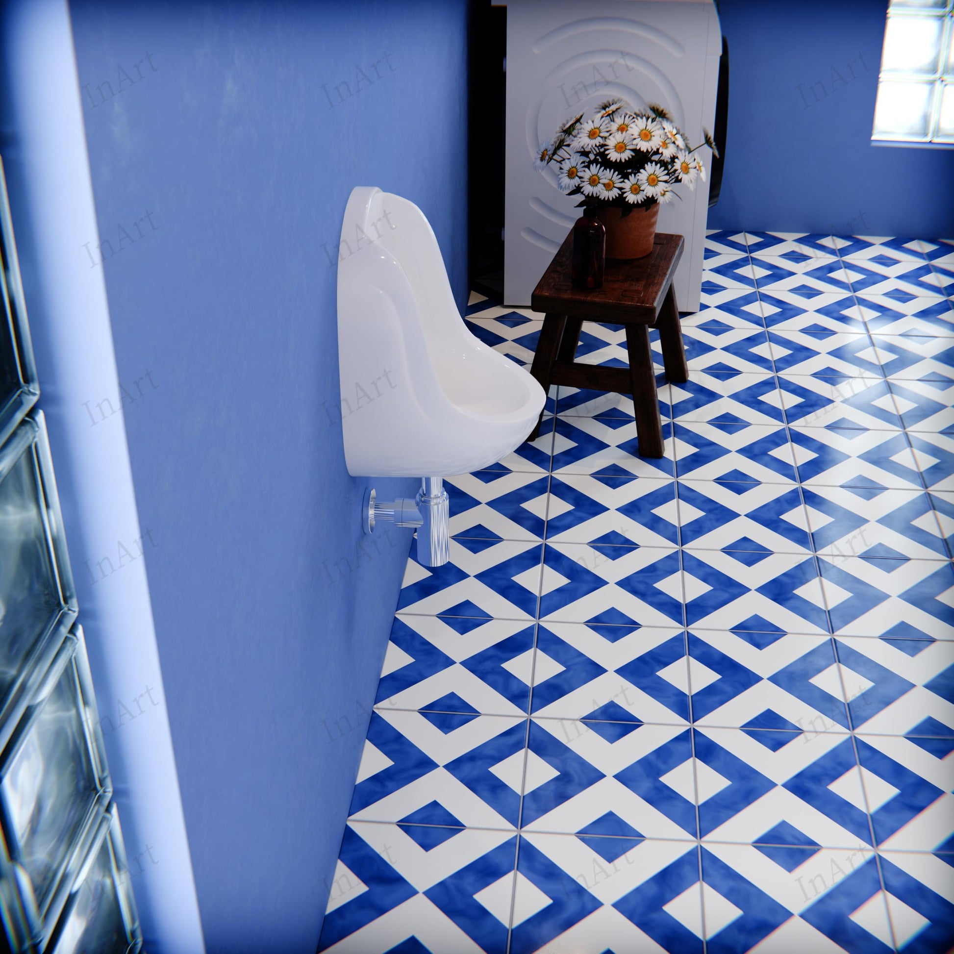 Single wall mounted urinal in white ceramic, modern rectangular profile, angled view