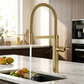InArt kitchen tap with pull out spray showing pull down sprayer head and spring coil neck in gold finish
