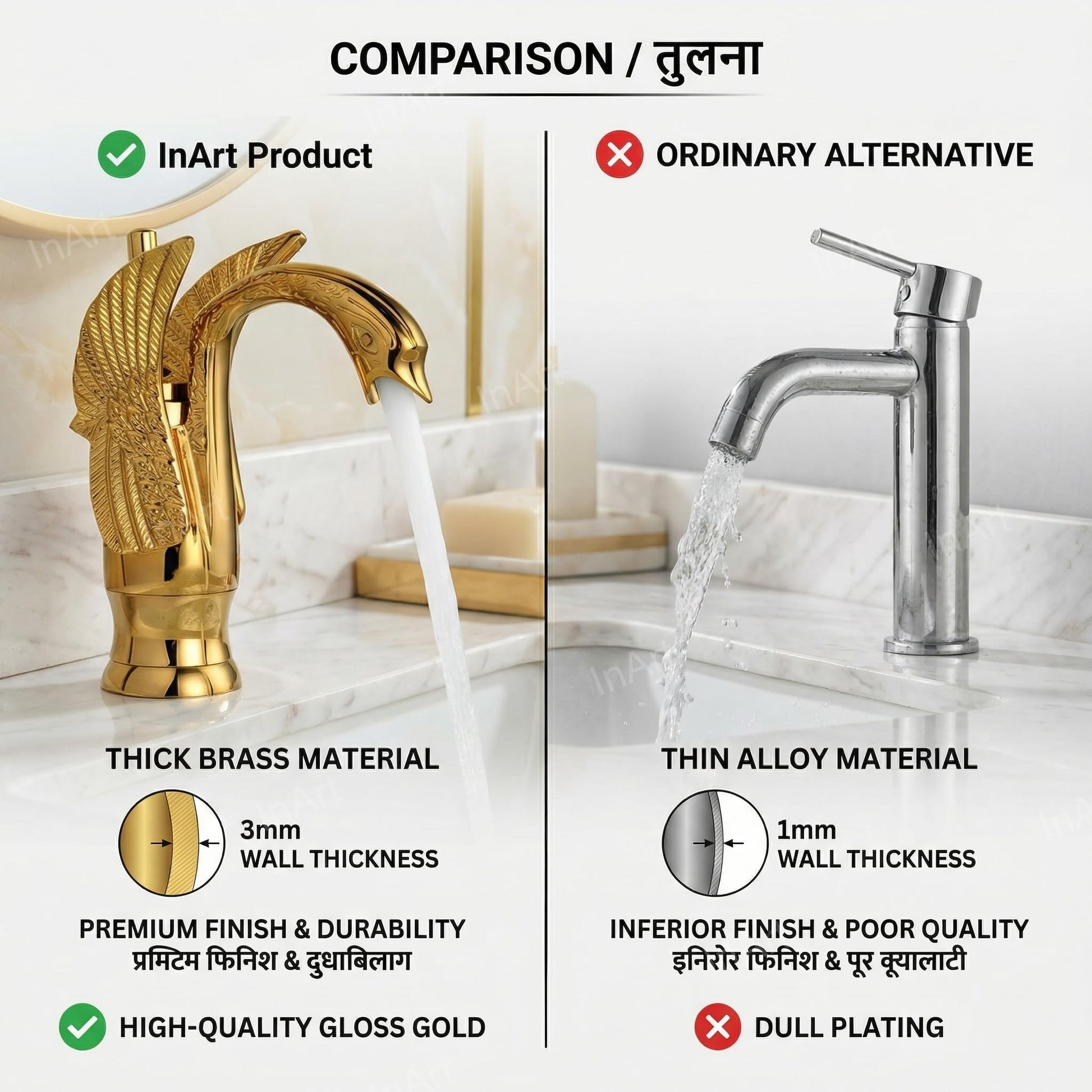Wash basin nal design with premium glossy gold finish, swan mixer tap for luxury washroom interiors