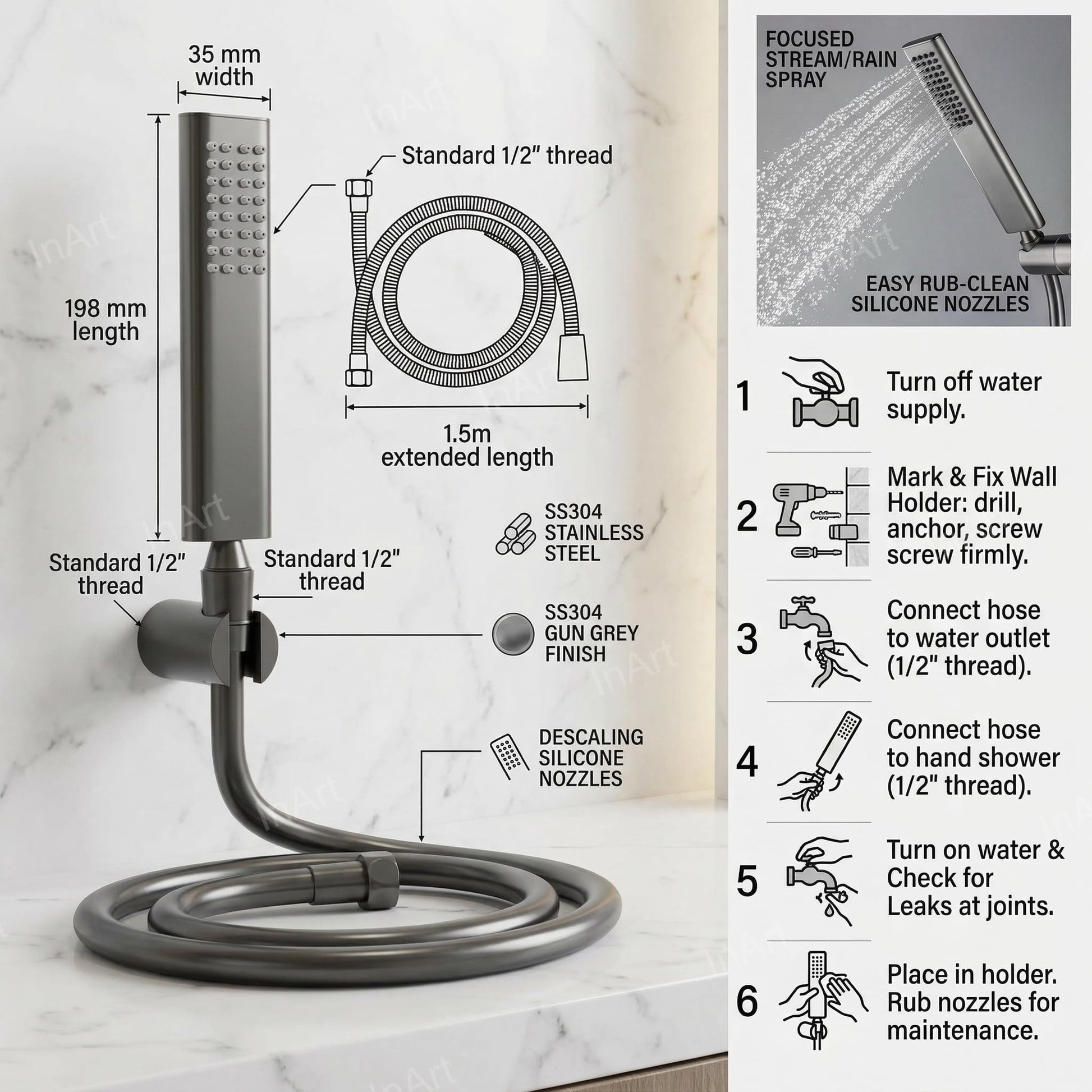 Close-up silicone nozzle easy clean SS304 hand shower, gun grey round head for hard water areas in India