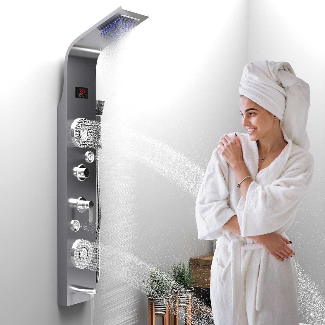 yagatap InArt rectangular 304 stainless steel shower panel tower in brushed chrome, front view
