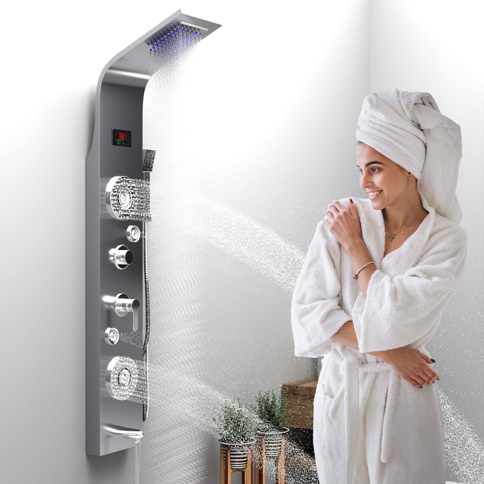 yagatap InArt rectangular 304 stainless steel shower panel tower in brushed chrome, front view