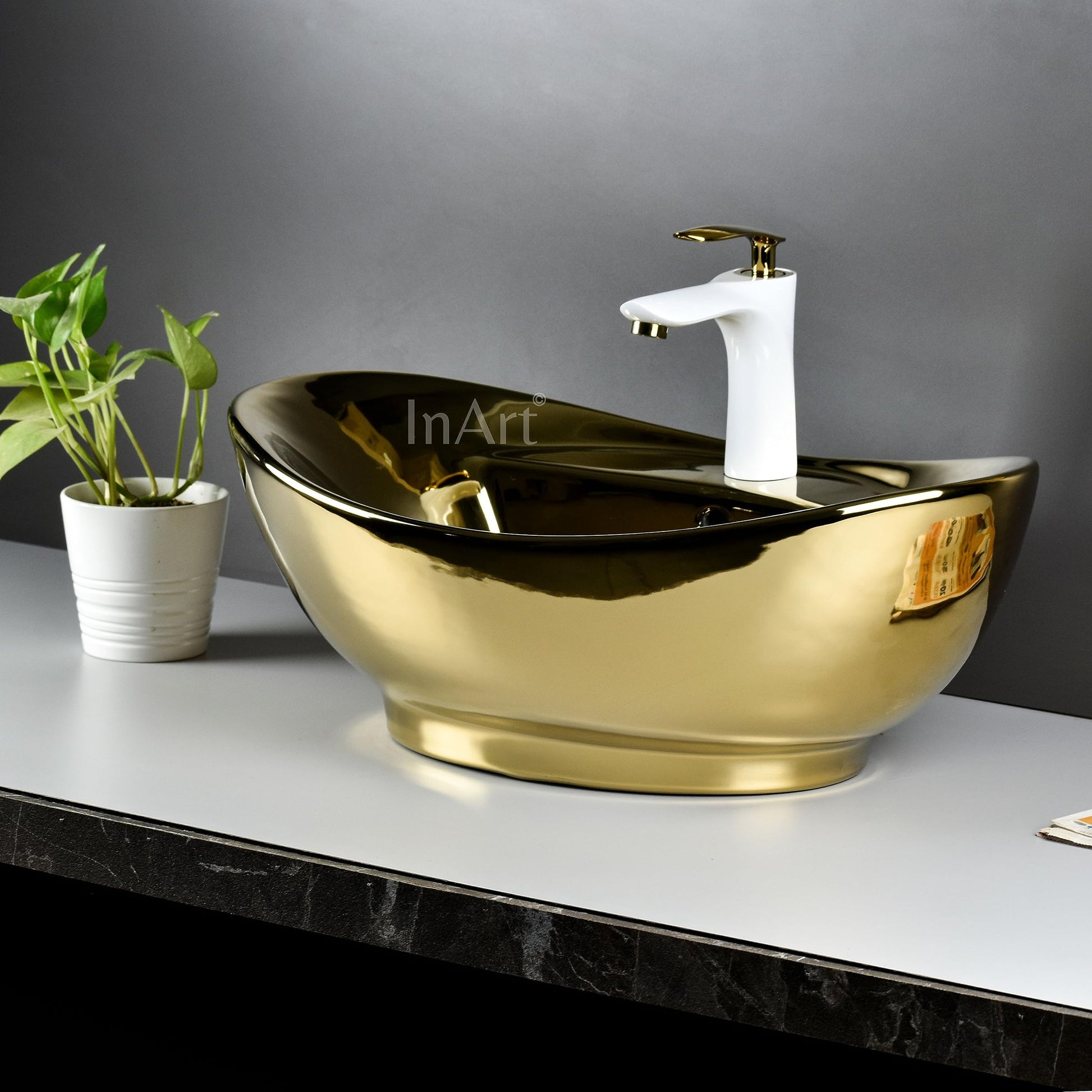 InArt gold wash basin oval ceramic table top, modern bathroom basin design side angle