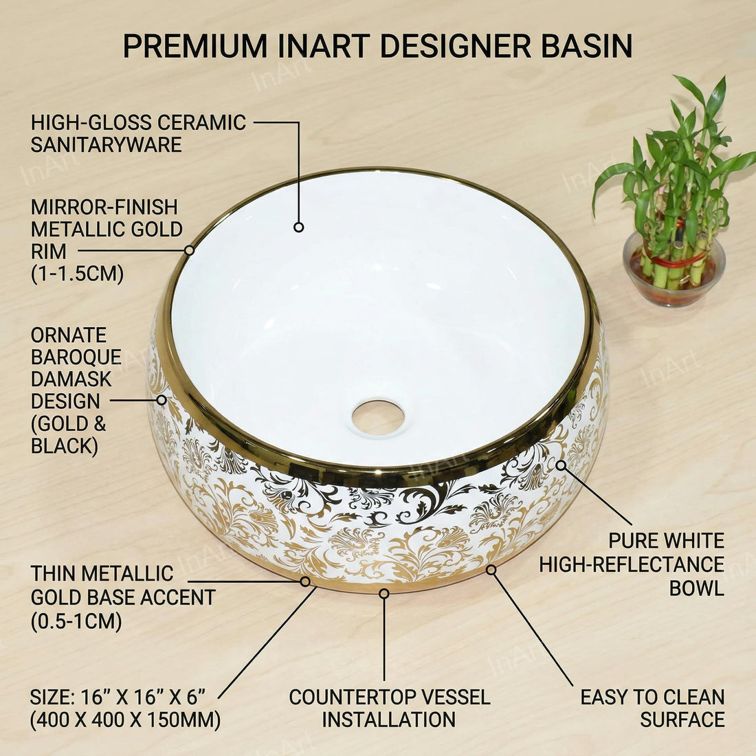 Luxury wash basin by InArt, round ceramic table top design in glossy white with gold rim, front view