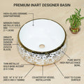 InArt designer ceramic wash basin round, glossy white and gold table top basin shown at 3/4 angle