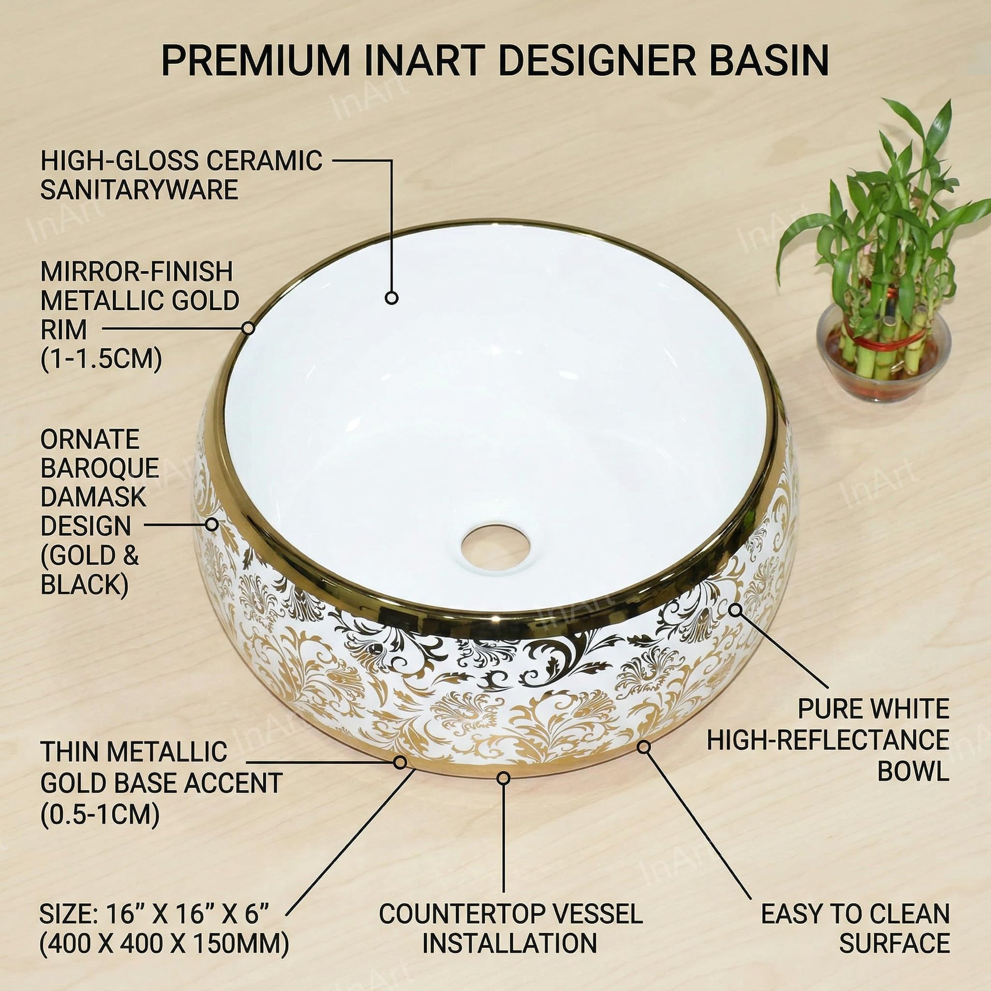InArt designer ceramic wash basin round, glossy white and gold table top basin shown at 3/4 angle